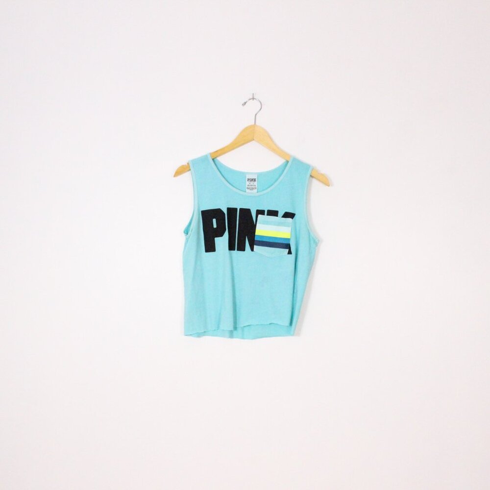 *Pink Blue Muscle Cropped Tank Top - Picture 2 of 6